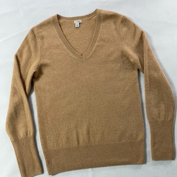 Halogen 100% Cashmere Sweater Women Medium Camel Tan V-Neck Extended Ribbed Cuff - Picture 1 of 11